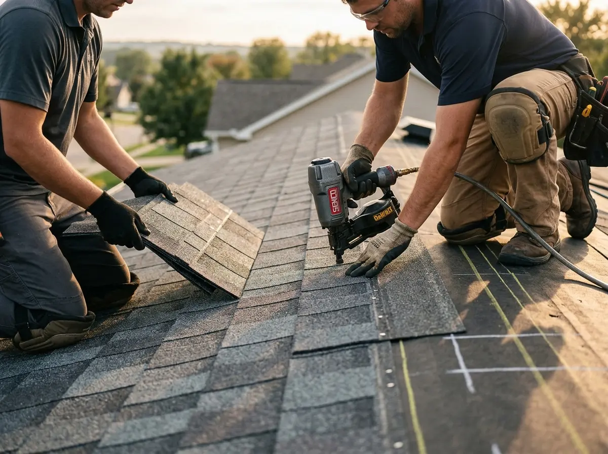 Professional roofer working on a residential roof in Sharon Hill